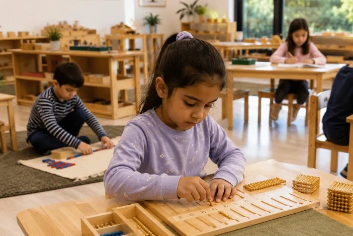 A child working with concrete Montessori mathematics materials