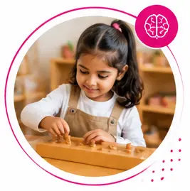 Child concentrating independently on Montessori work in a prepared classroom