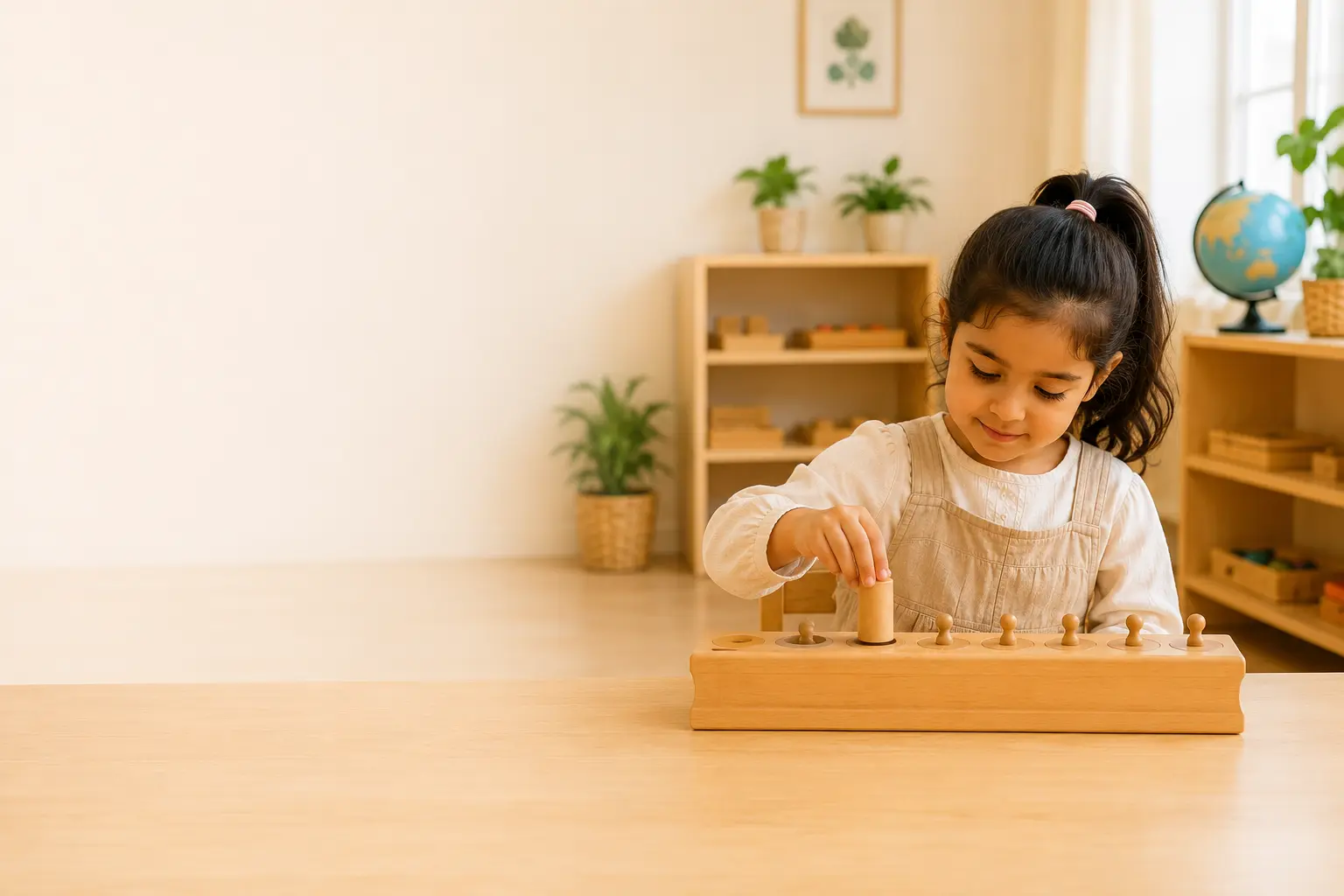 A child engaged in Montessori learning