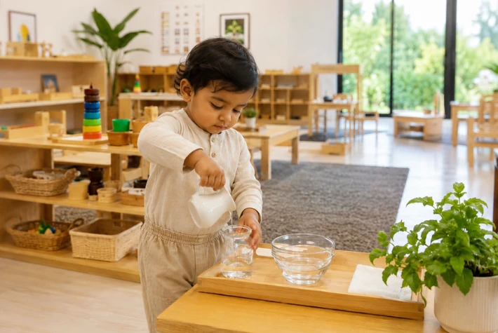 A toddler practising independent Montessori work